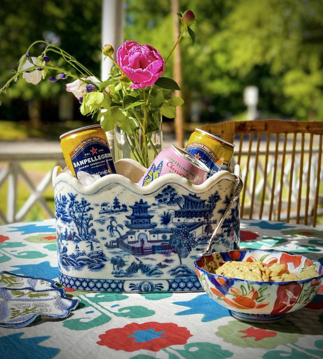 Blue & White Scalloped Porcelain Cachepot