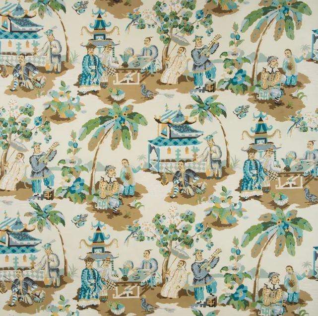 Brunschwig & Fils; Xian Linen and Cotton Print - Seafoam/Sand