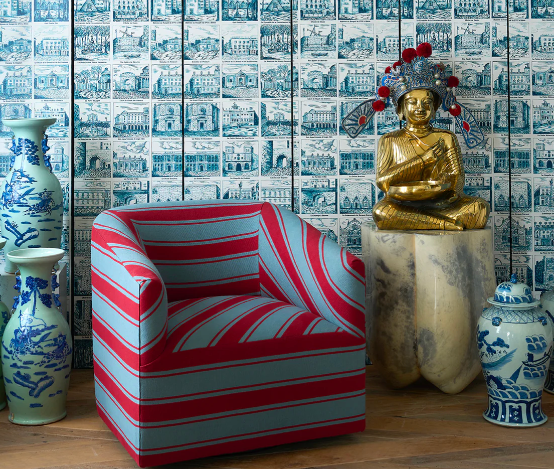 Schumacher Tangier Stripe Teal & Red Fabric