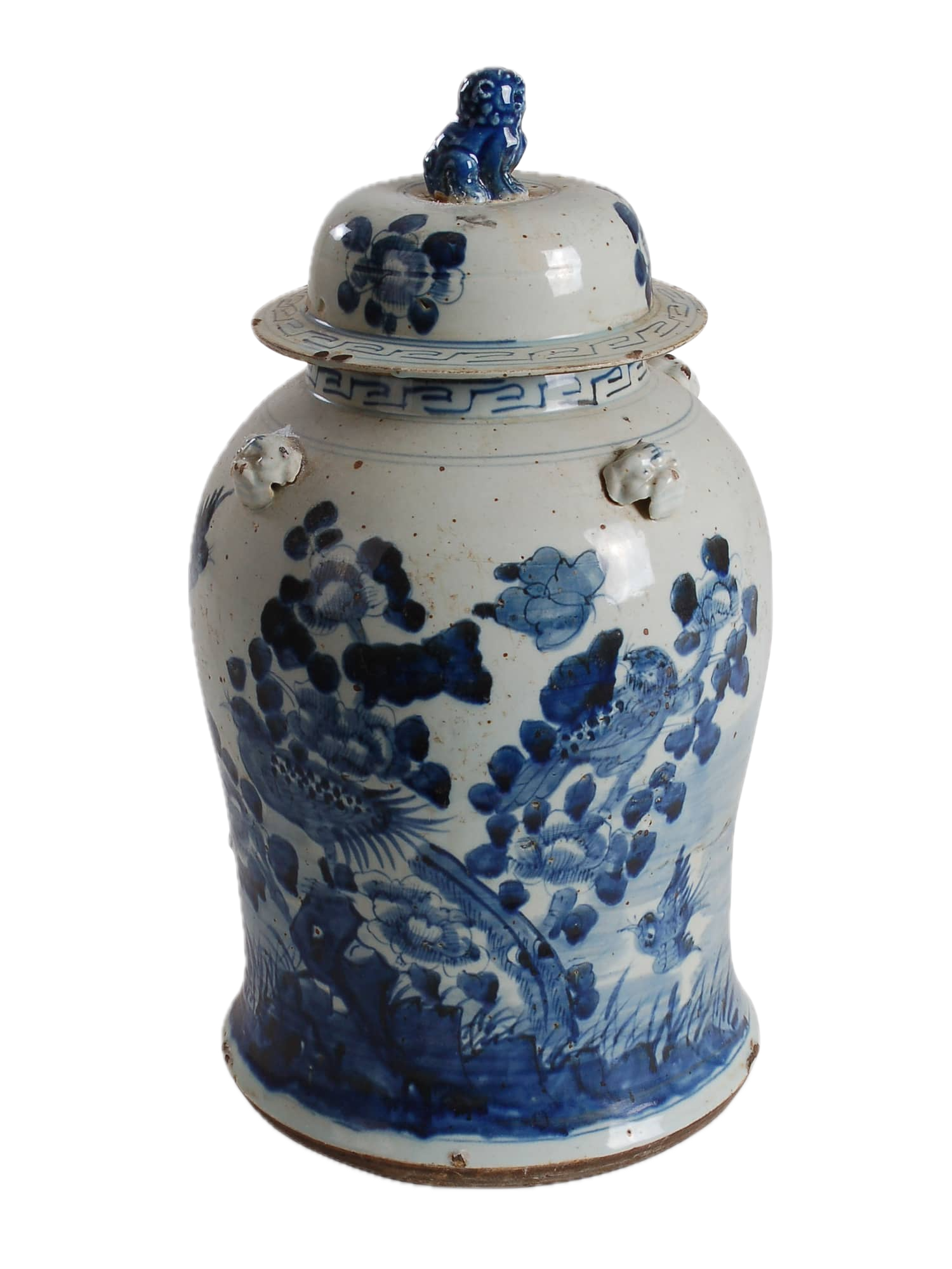 18″ Foot-stomped Blue and White Bird and Flower Ginger Jar