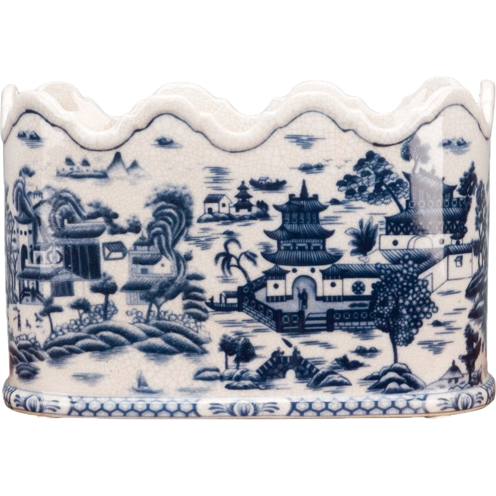 Blue & White Scalloped Porcelain Cachepot