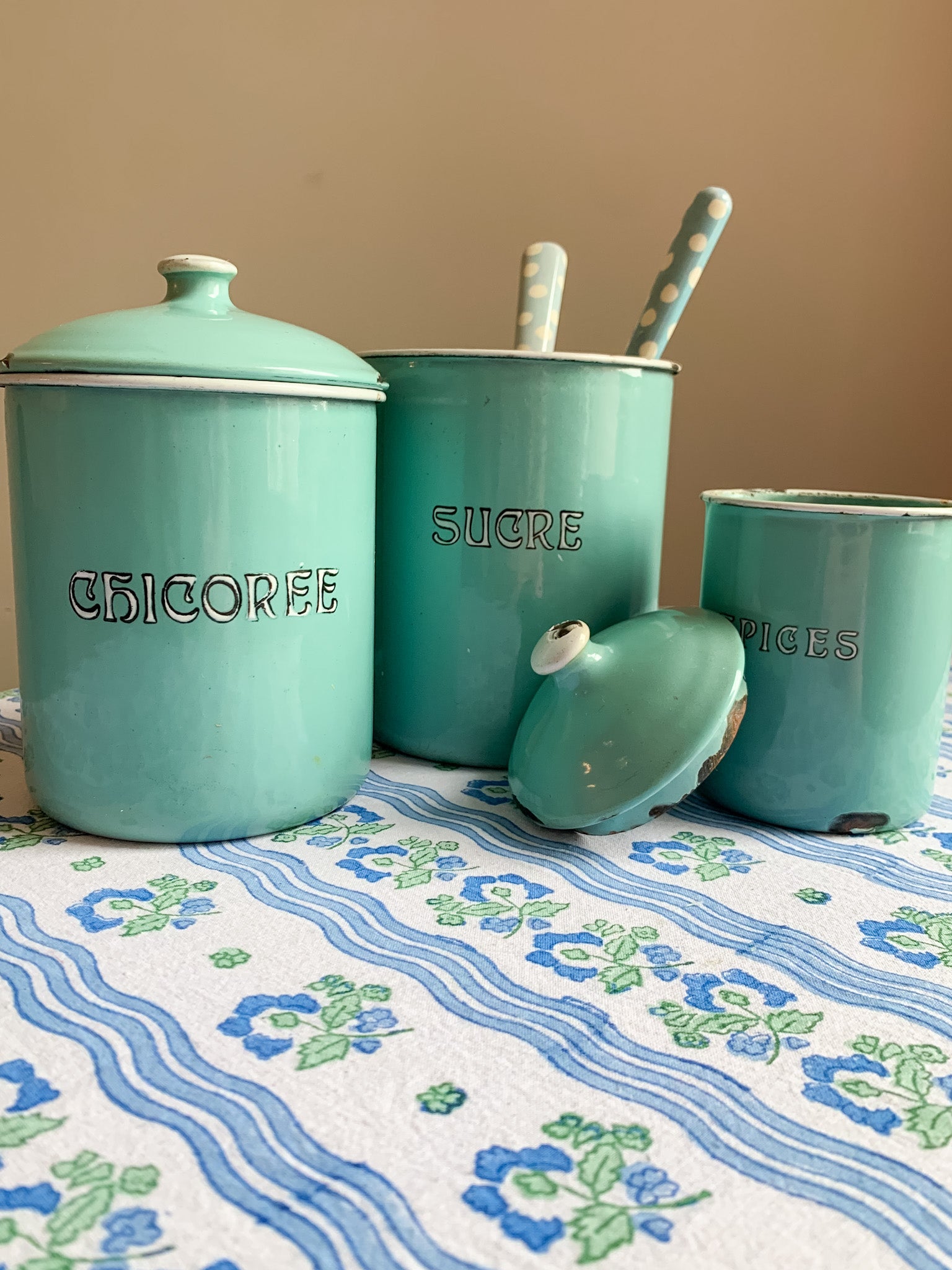 Antique French Enamel Blue Canister Set of 3