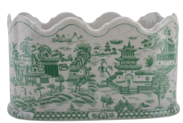 Green & White Scalloped Porcelain Cachepot